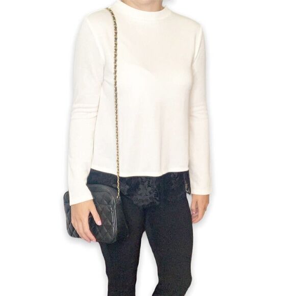 LOFT Outlet Light Sweater Winter White Cream Crew Neck Black Lace Hem Size Small - Picture 1 of 10